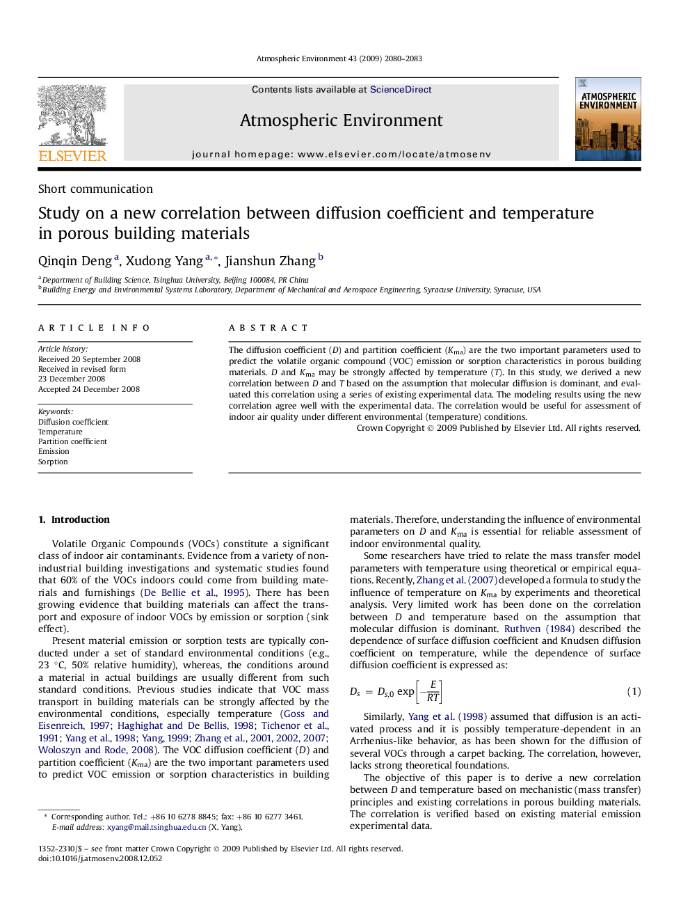 Study on a new correlation between diffusion coefficient and temperature in porous building materials