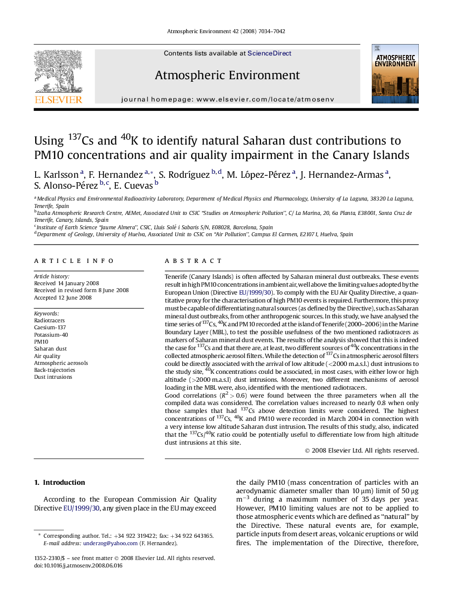 Using 137Cs and 40K to identify natural Saharan dust contributions to PM10 concentrations and air quality impairment in the Canary Islands