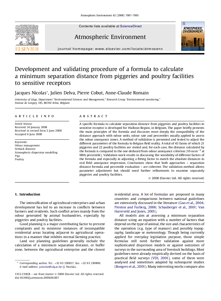 Development and validating procedure of a formula to calculate a minimum separation distance from piggeries and poultry facilities to sensitive receptors