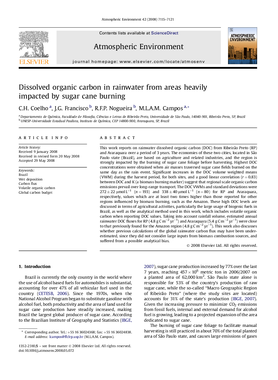 Dissolved organic carbon in rainwater from areas heavily impacted by sugar cane burning