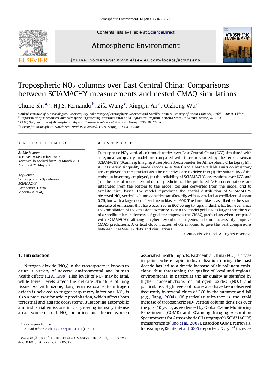 Tropospheric NO2 columns over East Central China: Comparisons between SCIAMACHY measurements and nested CMAQ simulations