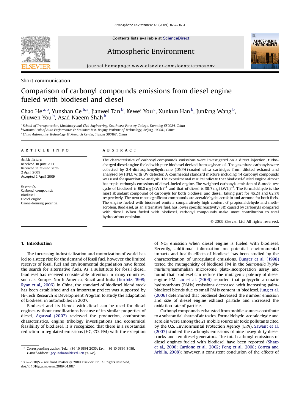 Comparison of carbonyl compounds emissions from diesel engine fueled with biodiesel and diesel