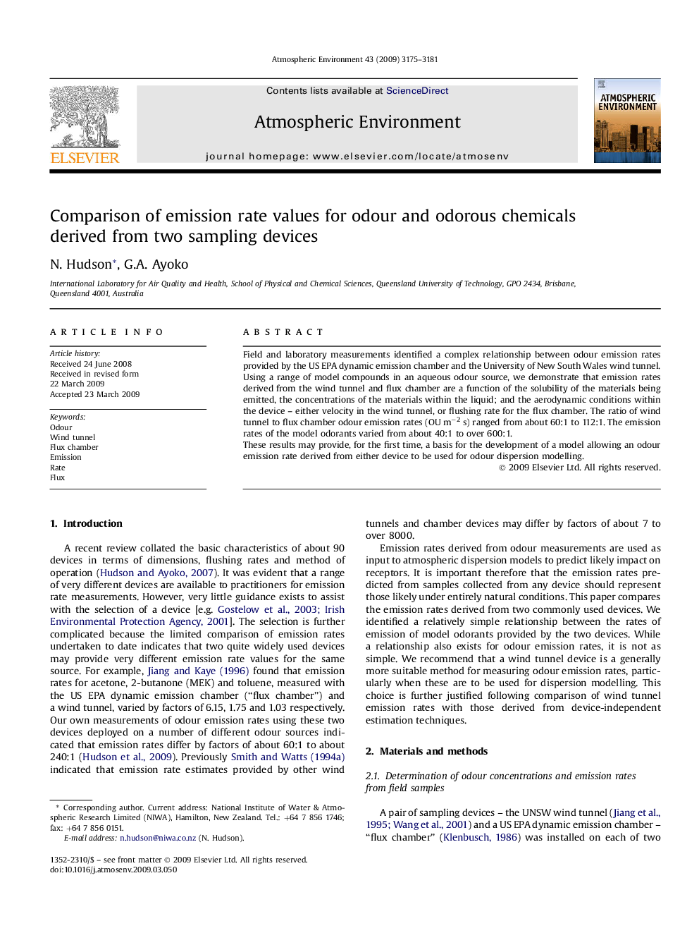 Comparison of emission rate values for odour and odorous chemicals derived from two sampling devices