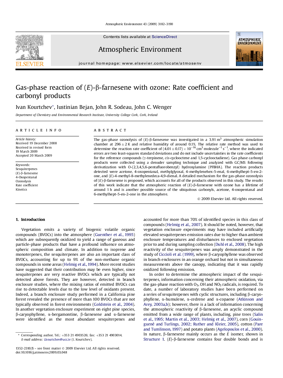 Gas-phase reaction of (E)-β-farnesene with ozone: Rate coefficient and carbonyl products