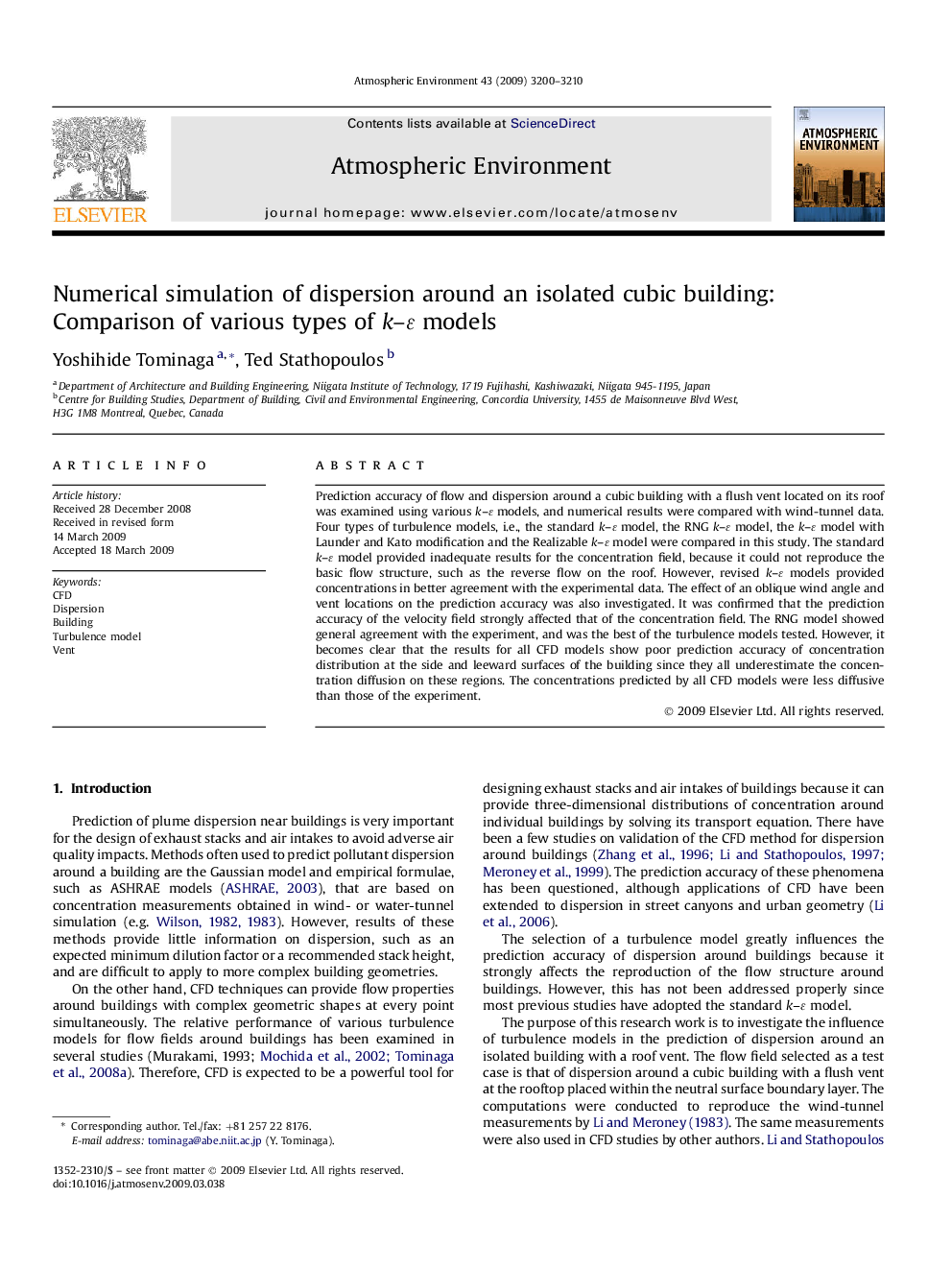 Numerical simulation of dispersion around an isolated cubic building: Comparison of various types of k–ɛ models