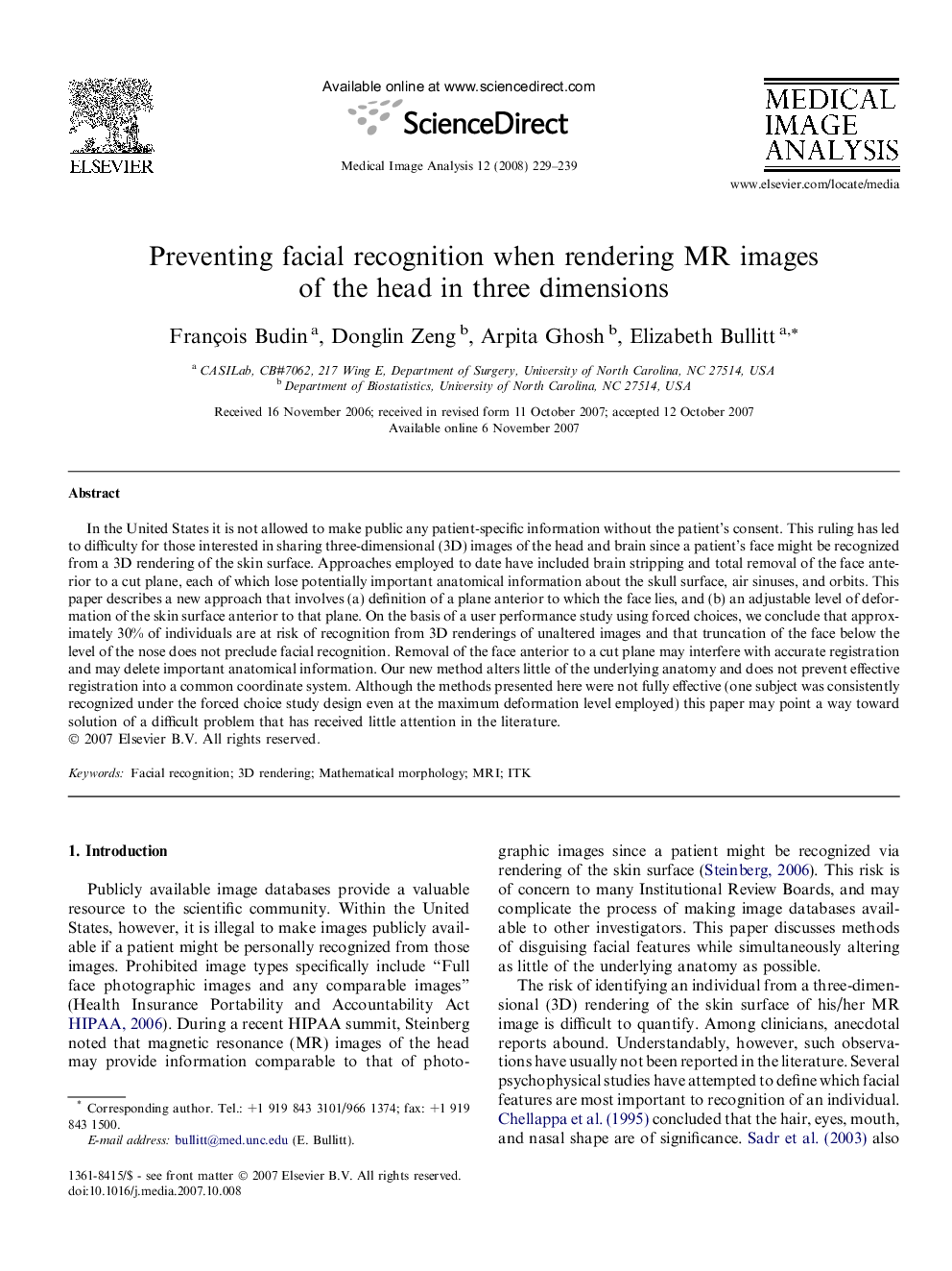 Preventing facial recognition when rendering MR images of the head in three dimensions