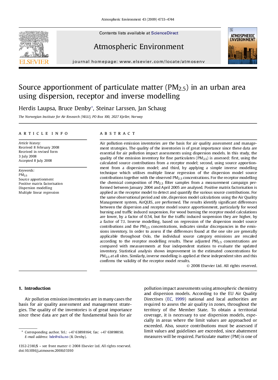 Source apportionment of particulate matter (PM2.5) in an urban area using dispersion, receptor and inverse modelling