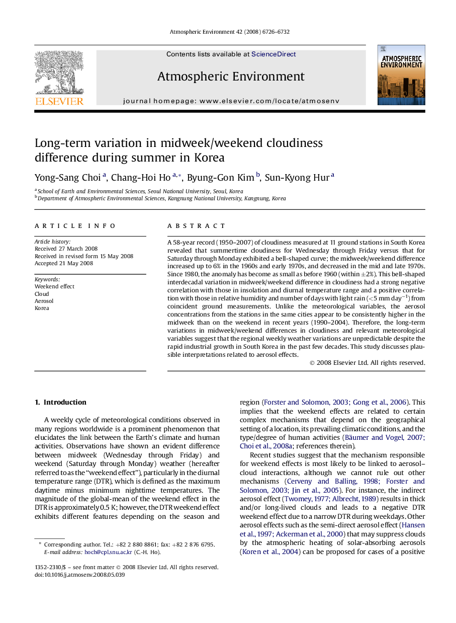Long-term variation in midweek/weekend cloudiness difference during summer in Korea
