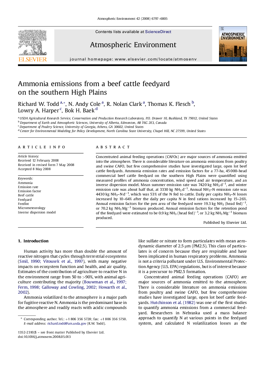 Ammonia emissions from a beef cattle feedyard on the southern High Plains