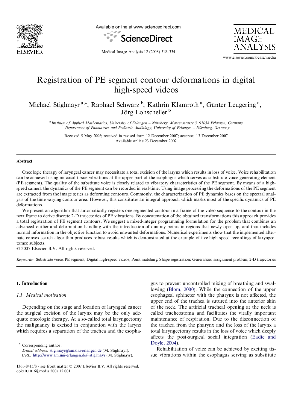 Registration of PE segment contour deformations in digital high-speed videos