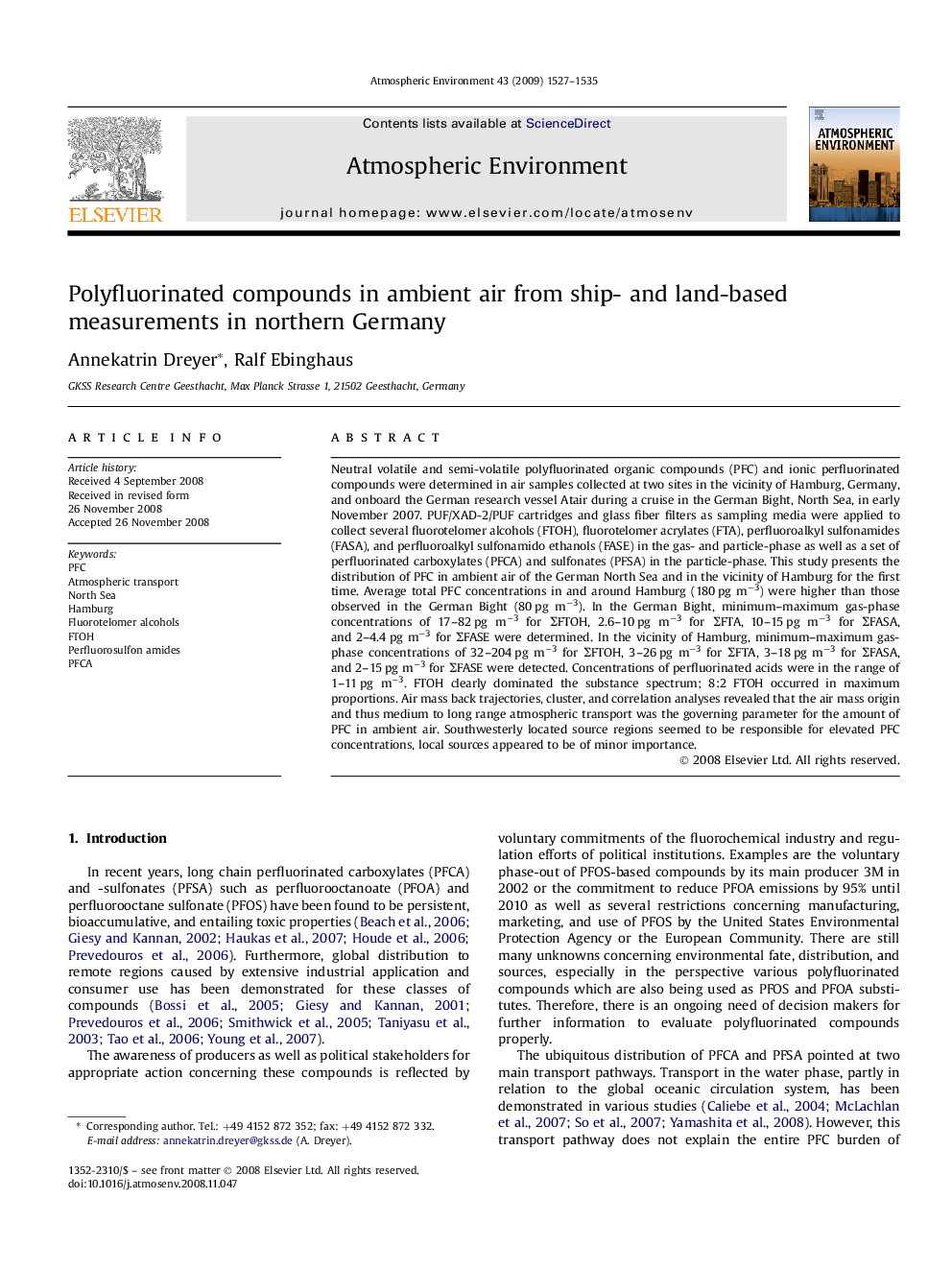 Polyfluorinated compounds in ambient air from ship- and land-based measurements in northern Germany