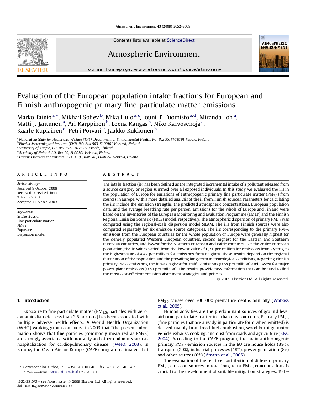 Evaluation of the European population intake fractions for European and Finnish anthropogenic primary fine particulate matter emissions