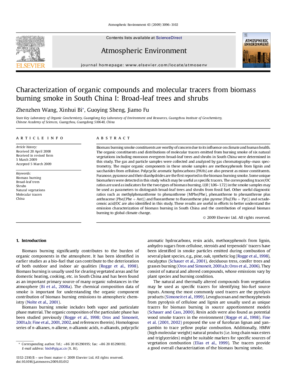 Characterization of organic compounds and molecular tracers from biomass burning smoke in South China I: Broad-leaf trees and shrubs