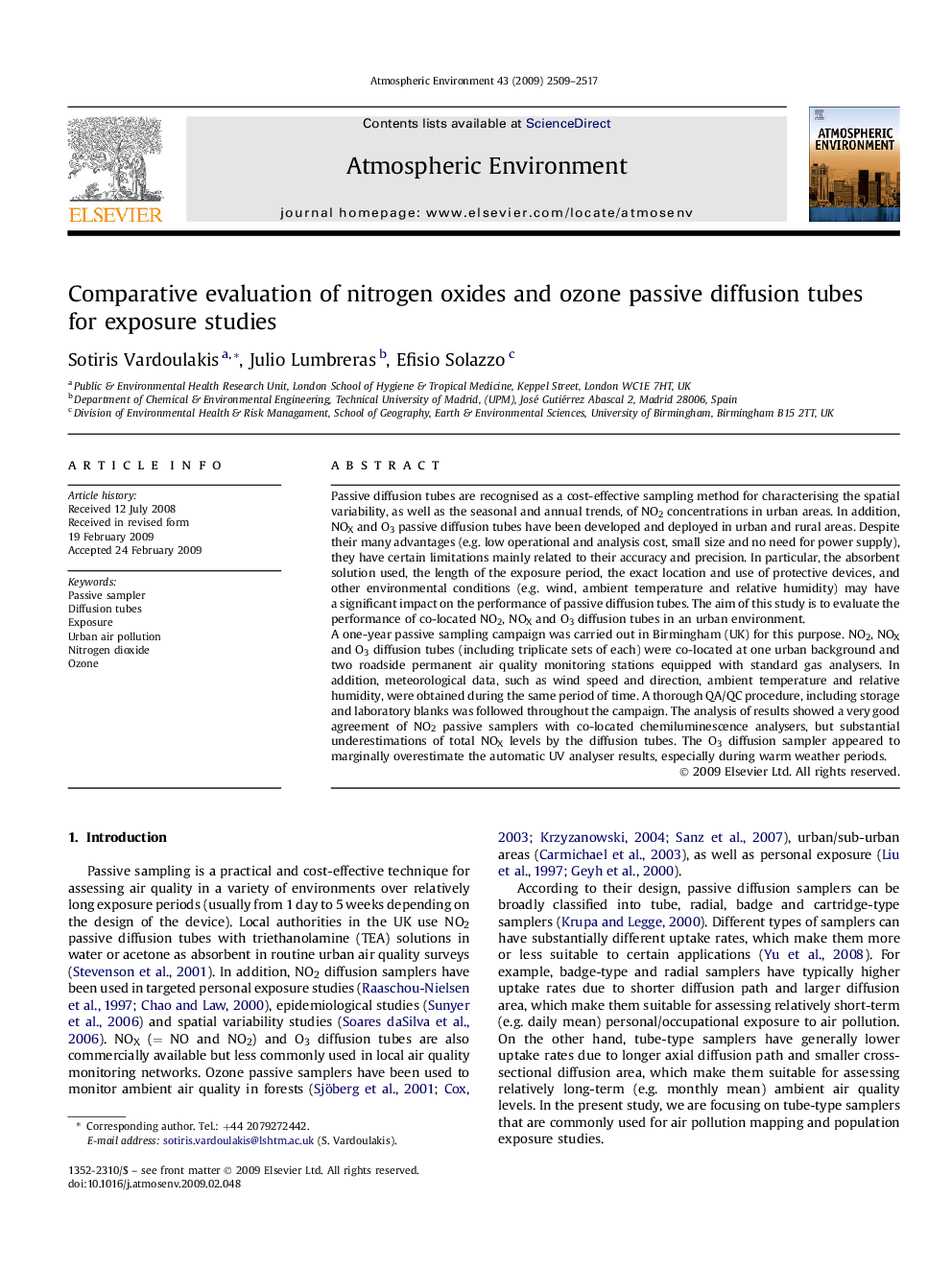 Comparative evaluation of nitrogen oxides and ozone passive diffusion tubes for exposure studies