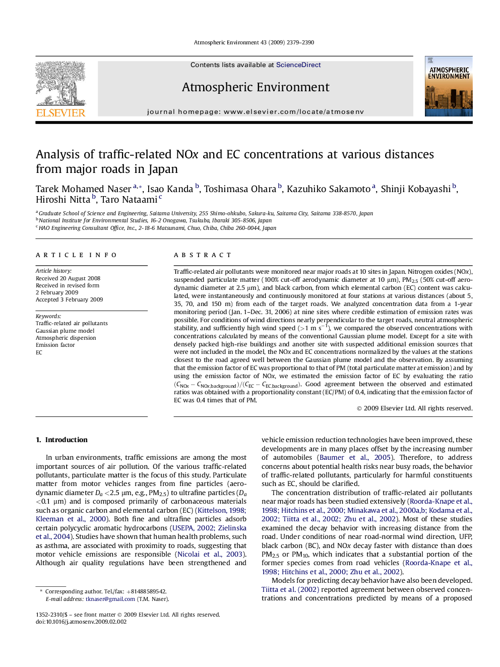 Analysis of traffic-related NOx and EC concentrations at various distances from major roads in Japan