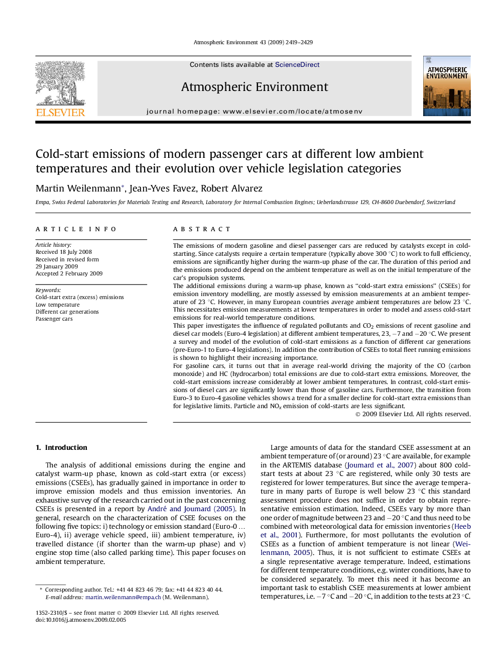 Cold-start emissions of modern passenger cars at different low ambient temperatures and their evolution over vehicle legislation categories