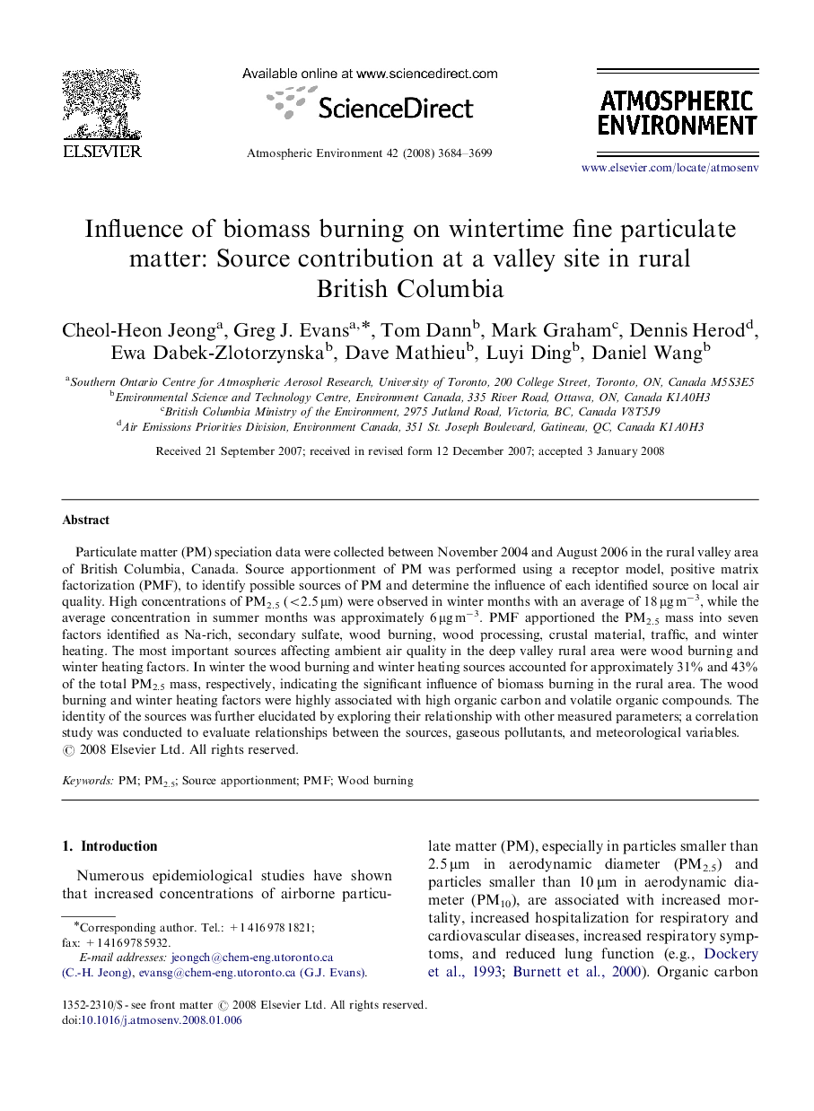 Influence of biomass burning on wintertime fine particulate matter: Source contribution at a valley site in rural British Columbia