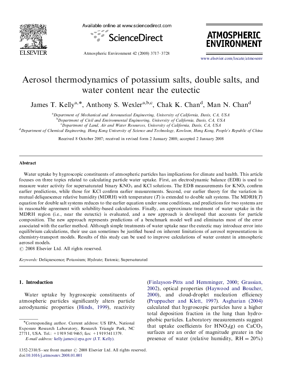 Aerosol thermodynamics of potassium salts, double salts, and water content near the eutectic