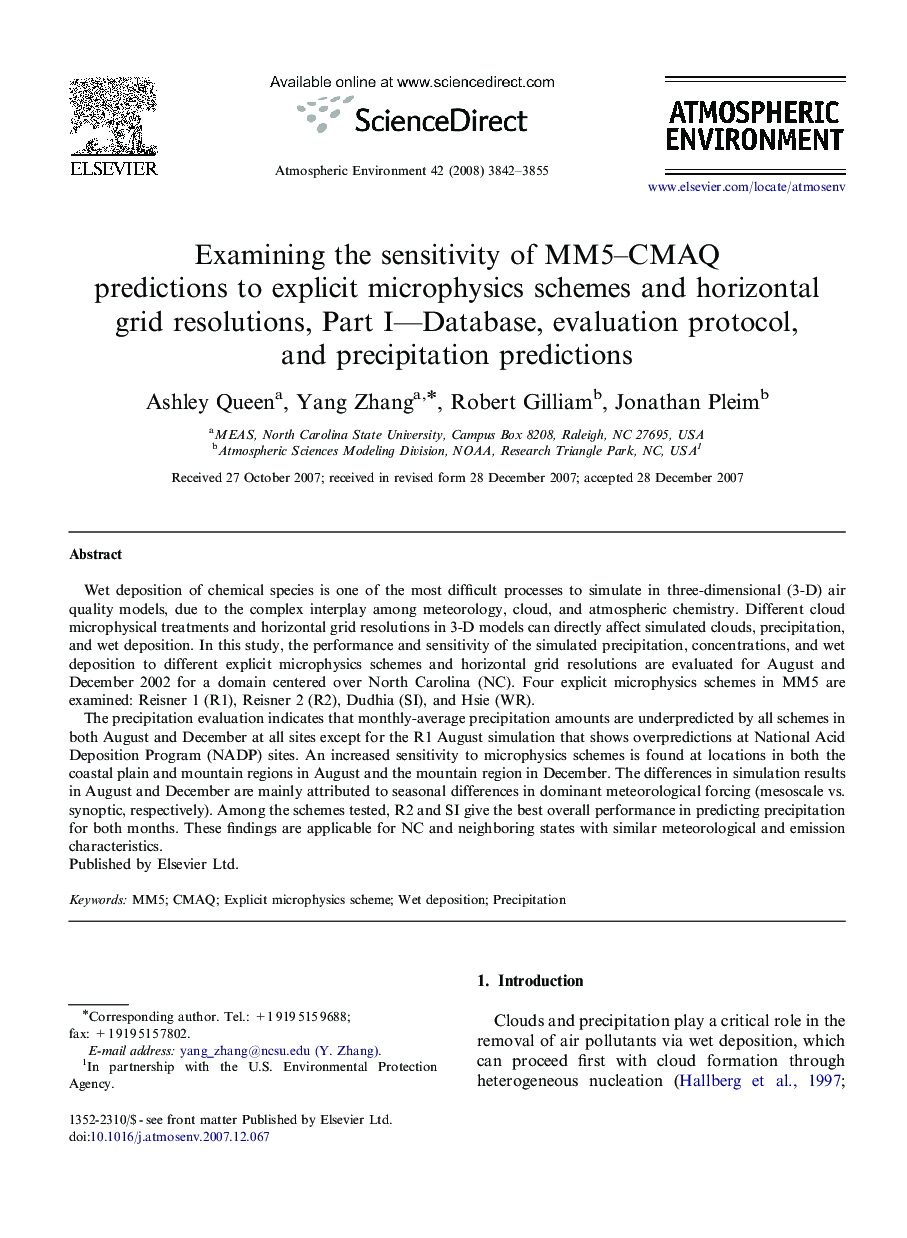 Examining the sensitivity of MM5–CMAQ predictions to explicit microphysics schemes and horizontal grid resolutions, Part I—Database, evaluation protocol, and precipitation predictions