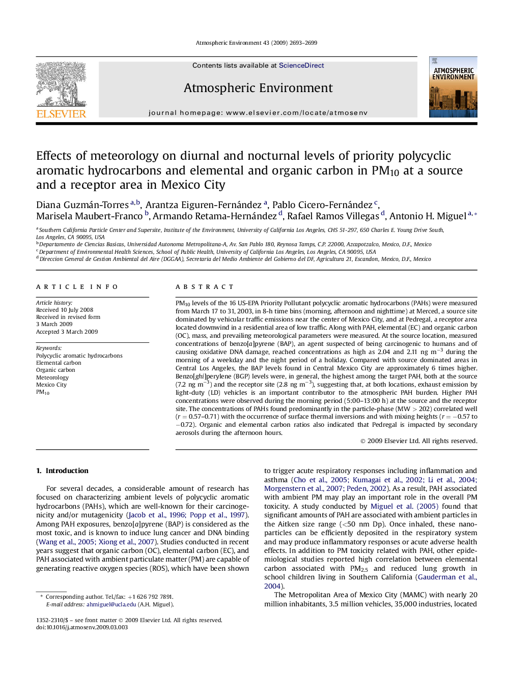 Effects of meteorology on diurnal and nocturnal levels of priority polycyclic aromatic hydrocarbons and elemental and organic carbon in PM10 at a source and a receptor area in Mexico City