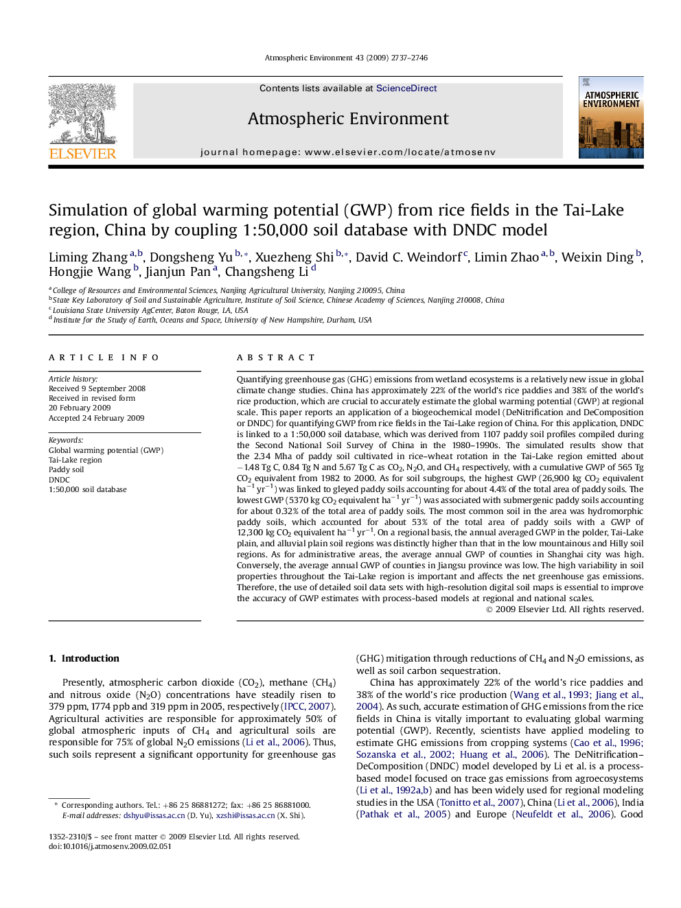 Simulation of global warming potential (GWP) from rice fields in the Tai-Lake region, China by coupling 1:50,000 soil database with DNDC model