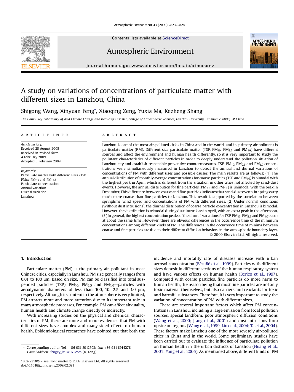 A study on variations of concentrations of particulate matter with different sizes in Lanzhou, China