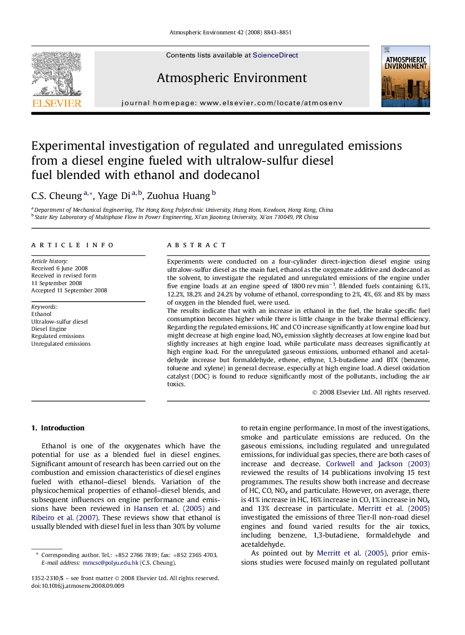 Experimental investigation of regulated and unregulated emissions from a diesel engine fueled with ultralow-sulfur diesel fuel blended with ethanol and dodecanol