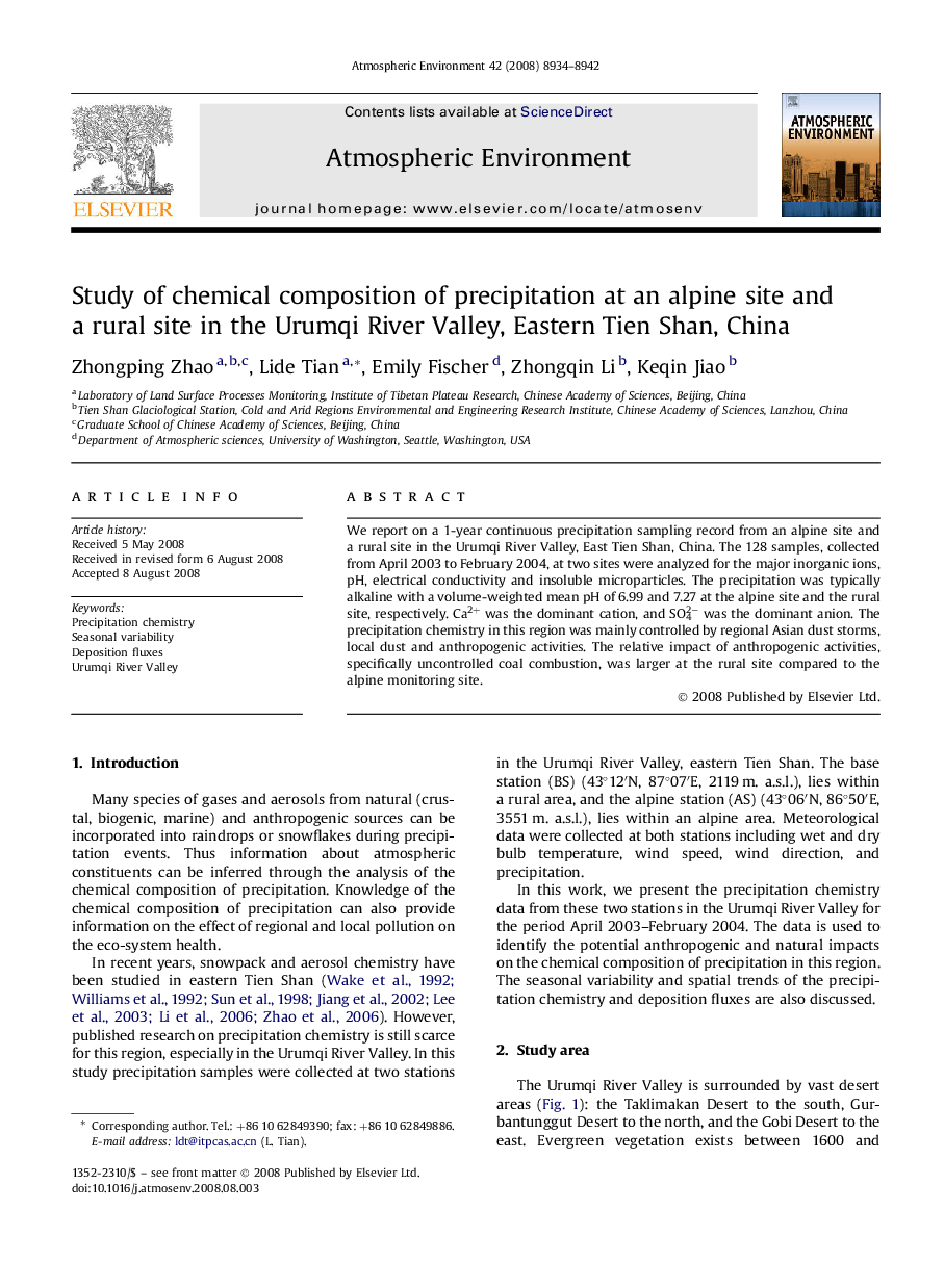 Study of chemical composition of precipitation at an alpine site and a rural site in the Urumqi River Valley, Eastern Tien Shan, China