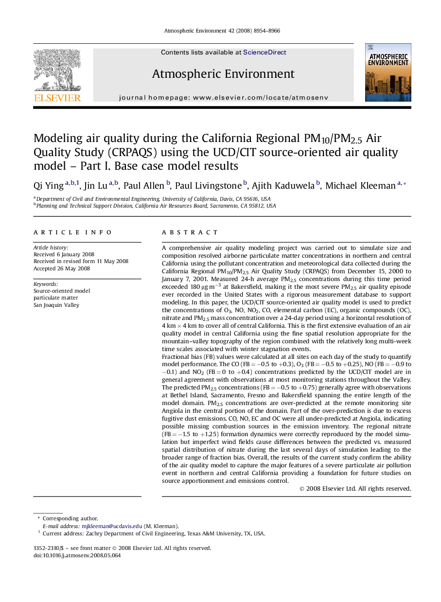 Modeling air quality during the California Regional PM10/PM2.5 Air Quality Study (CRPAQS) using the UCD/CIT source-oriented air quality model – Part I. Base case model results