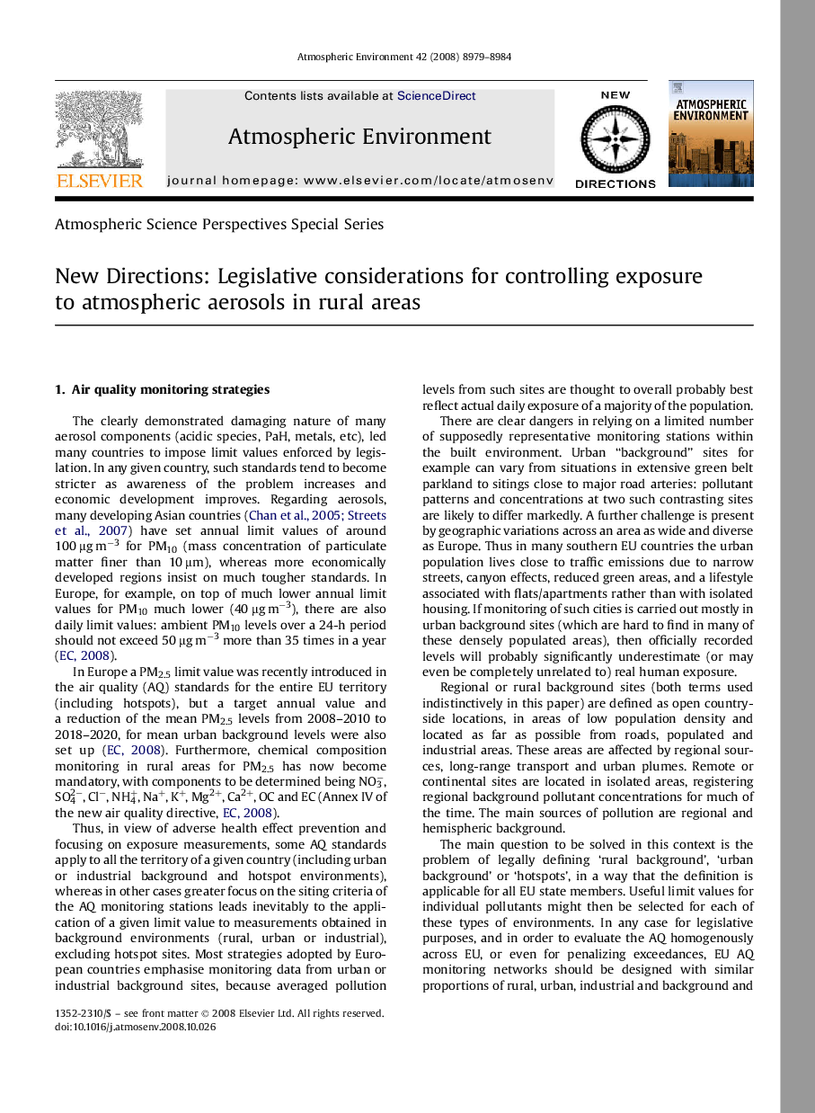 New Directions: Legislative considerations for controlling exposure to atmospheric aerosols in rural areas