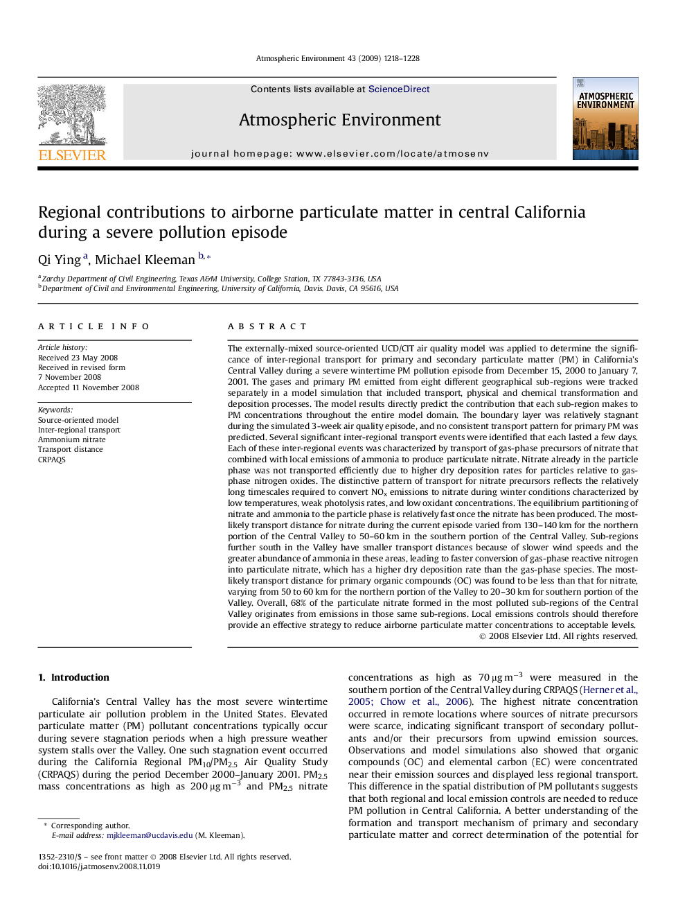 Regional contributions to airborne particulate matter in central California during a severe pollution episode