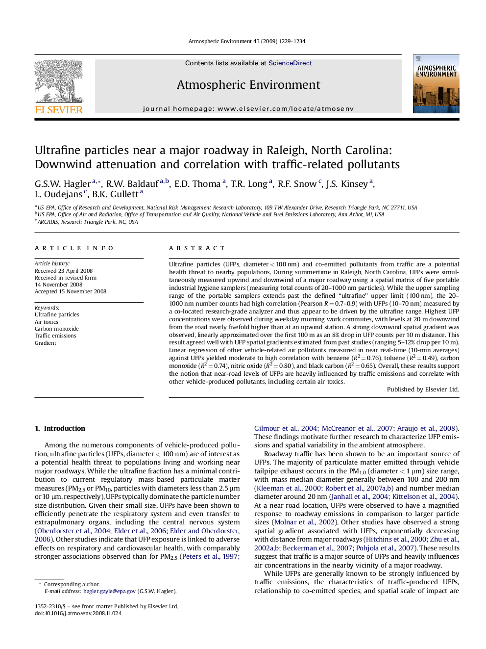 Ultrafine particles near a major roadway in Raleigh, North Carolina: Downwind attenuation and correlation with traffic-related pollutants