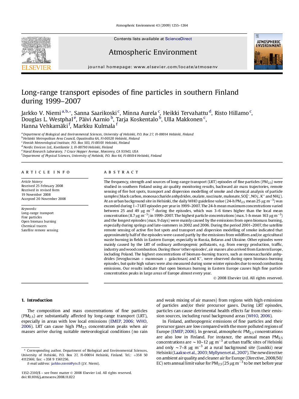 Long-range transport episodes of fine particles in southern Finland during 1999–2007