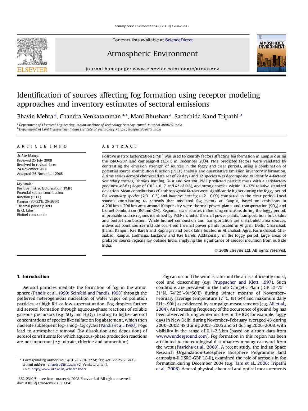 Identification of sources affecting fog formation using receptor modeling approaches and inventory estimates of sectoral emissions