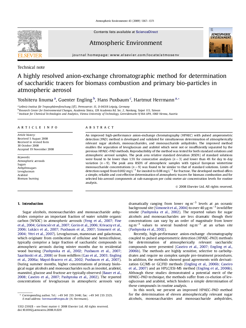 A highly resolved anion-exchange chromatographic method for determination of saccharidic tracers for biomass combustion and primary bio-particles in atmospheric aerosol