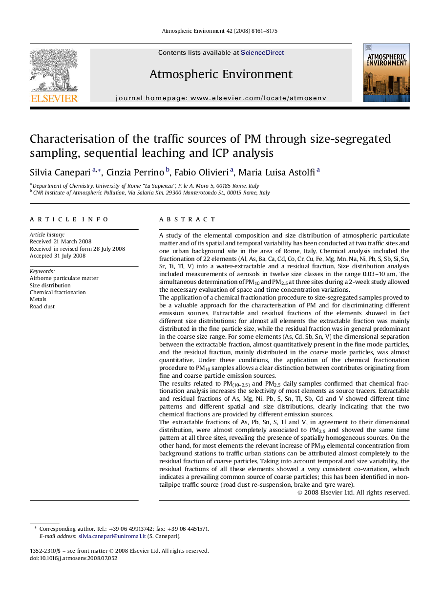 Characterisation of the traffic sources of PM through size-segregated sampling, sequential leaching and ICP analysis