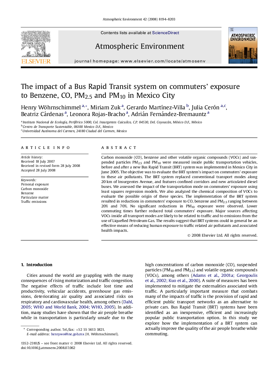 The impact of a Bus Rapid Transit system on commuters' exposure to Benzene, CO, PM2.5 and PM10 in Mexico City