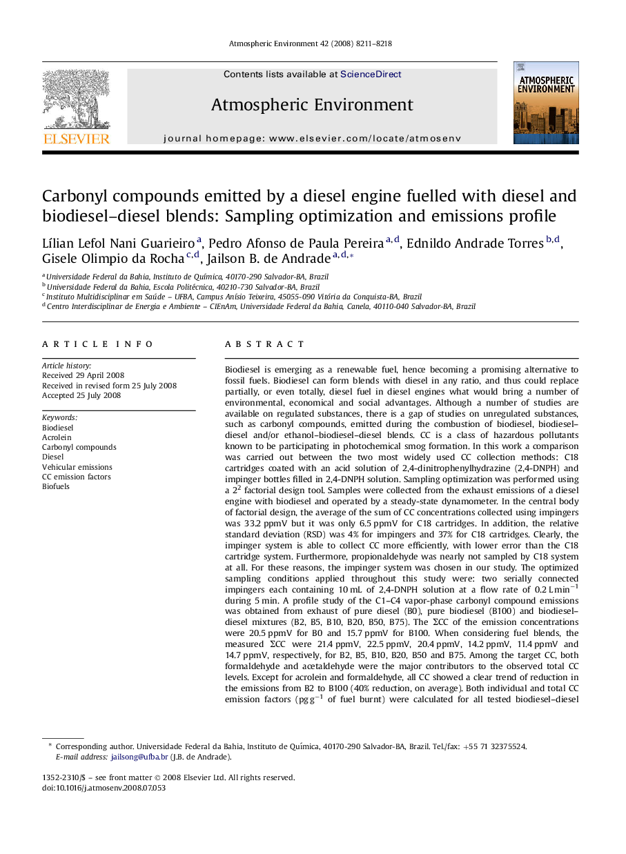 Carbonyl compounds emitted by a diesel engine fuelled with diesel and biodiesel–diesel blends: Sampling optimization and emissions profile