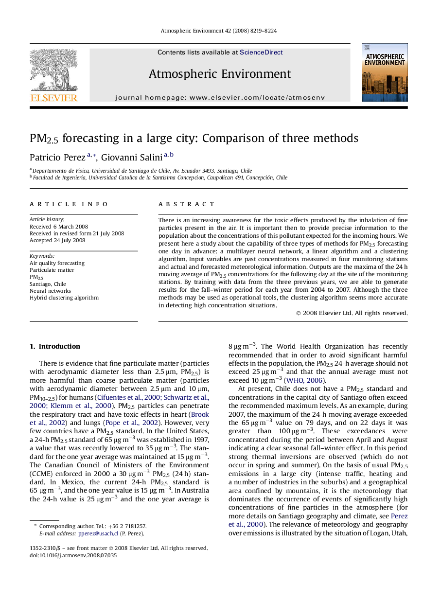 PM2.5 forecasting in a large city: Comparison of three methods