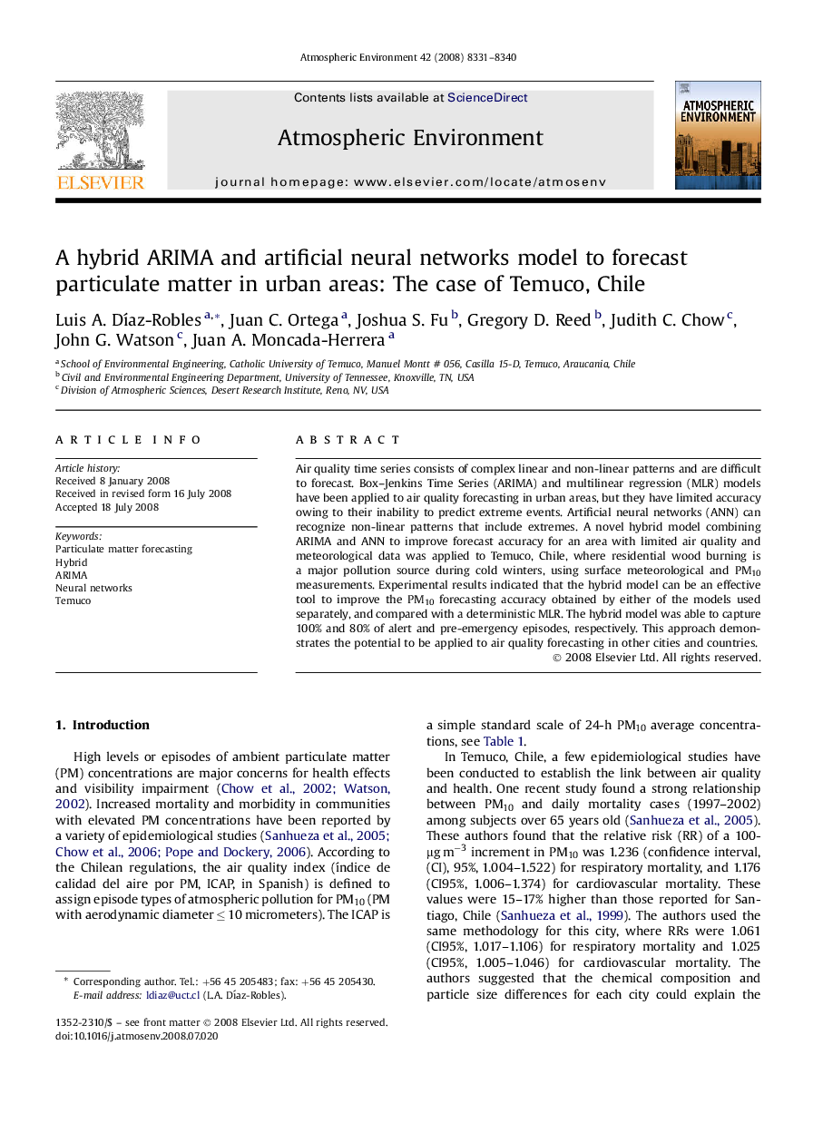 A hybrid ARIMA and artificial neural networks model to forecast particulate matter in urban areas: The case of Temuco, Chile