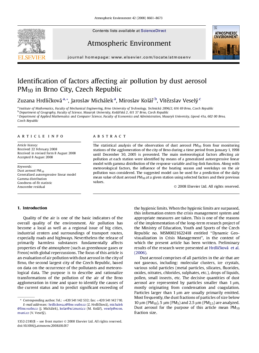 Identification of factors affecting air pollution by dust aerosol PM10 in Brno City, Czech Republic