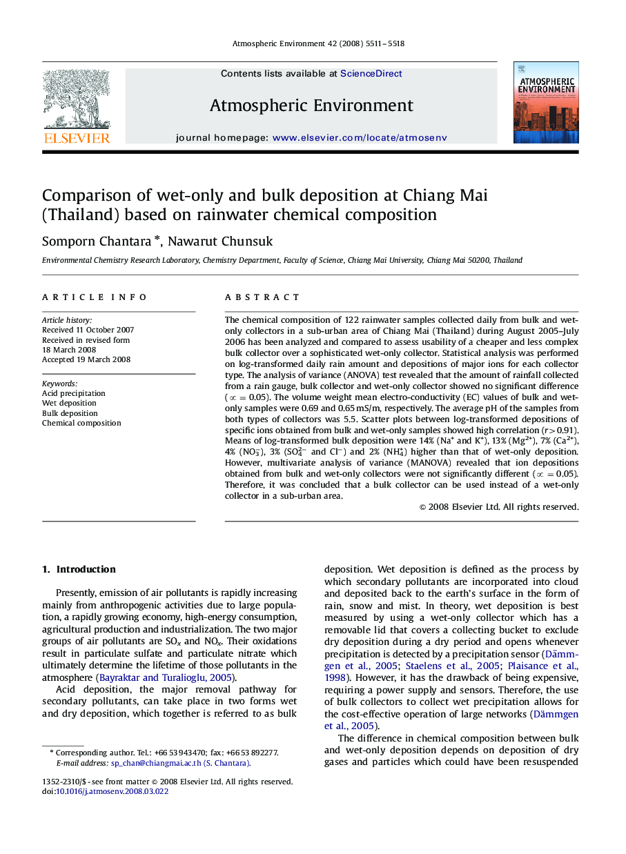 Comparison of wet-only and bulk deposition at Chiang Mai (Thailand) based on rainwater chemical composition