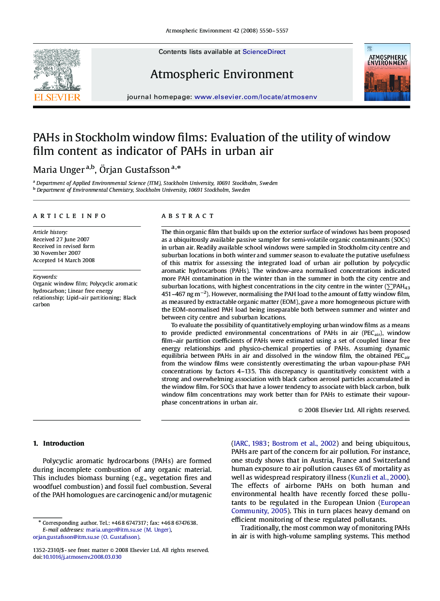 PAHs in Stockholm window films: Evaluation of the utility of window film content as indicator of PAHs in urban air