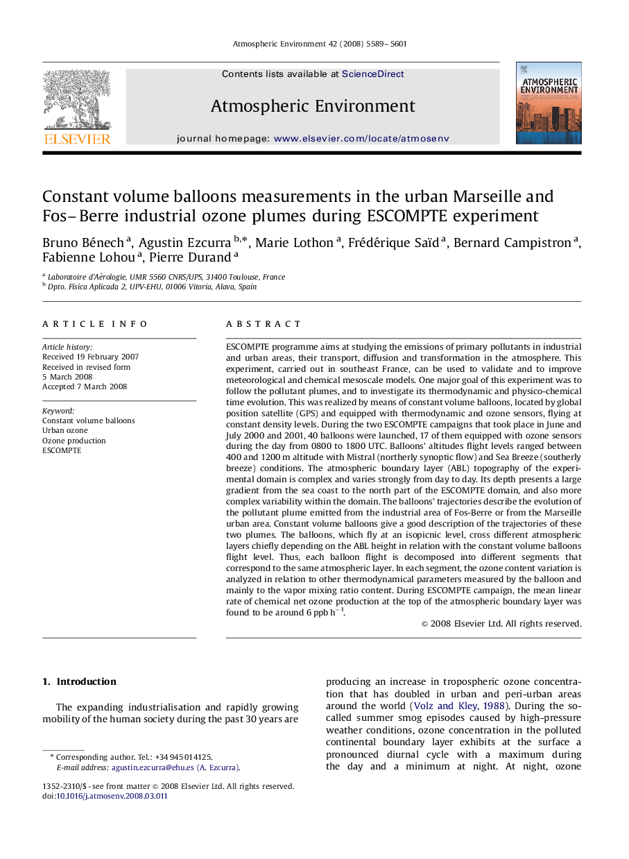 Constant volume balloons measurements in the urban Marseille and Fos–Berre industrial ozone plumes during ESCOMPTE experiment