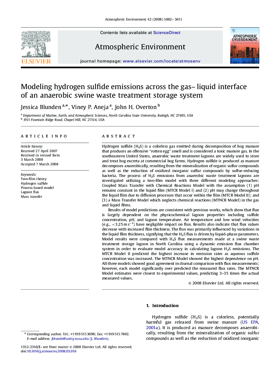 Modeling hydrogen sulfide emissions across the gas–liquid interface of an anaerobic swine waste treatment storage system