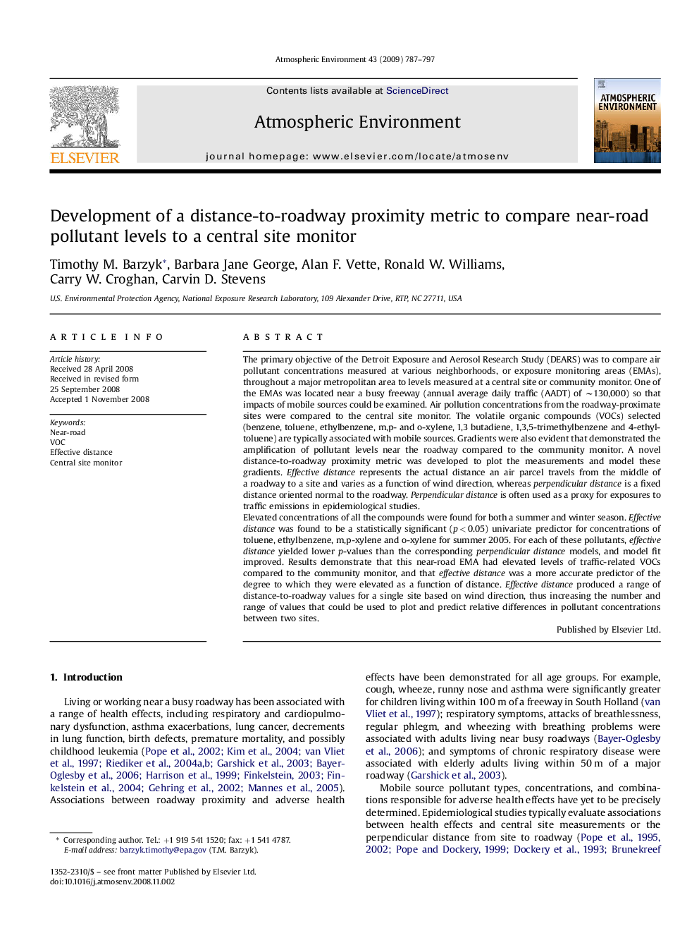 Development of a distance-to-roadway proximity metric to compare near-road pollutant levels to a central site monitor