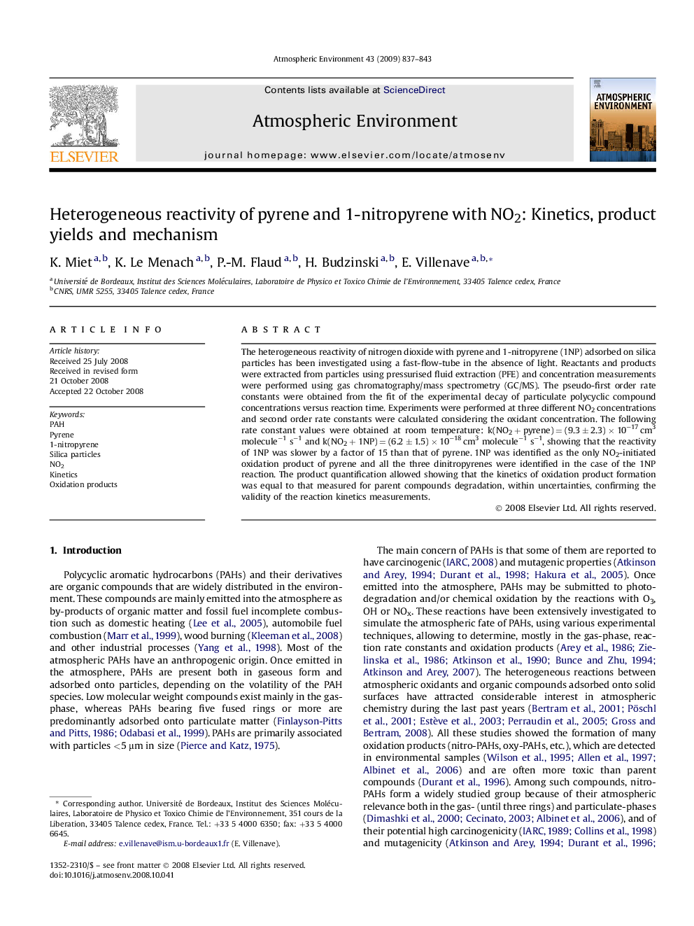 Heterogeneous reactivity of pyrene and 1-nitropyrene with NO2: Kinetics, product yields and mechanism