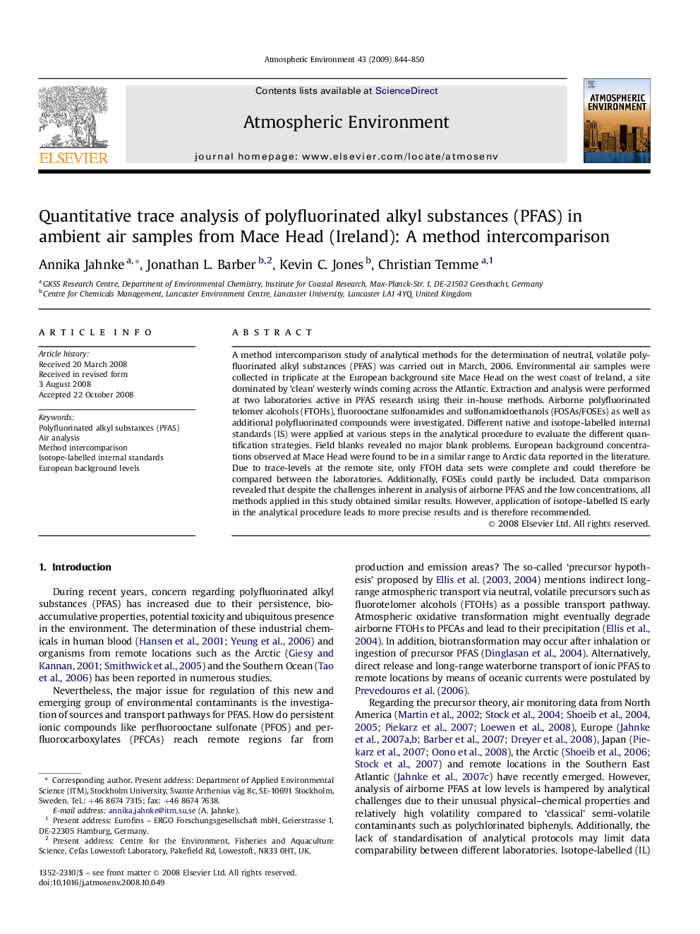 Quantitative trace analysis of polyfluorinated alkyl substances (PFAS) in ambient air samples from Mace Head (Ireland): A method intercomparison