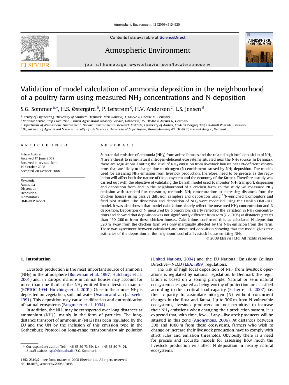 Validation of model calculation of ammonia deposition in the neighbourhood of a poultry farm using measured NH3 concentrations and N deposition