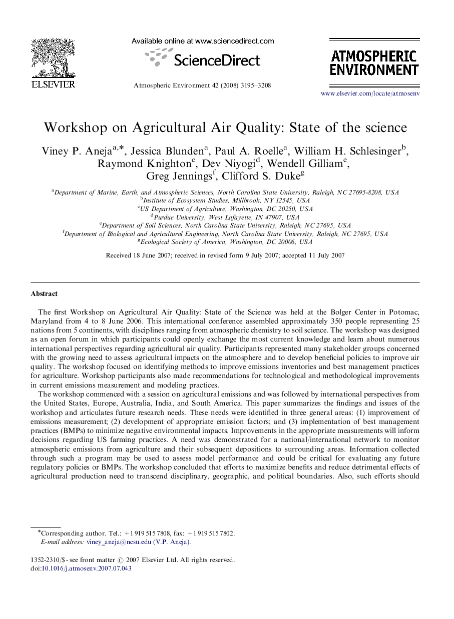 Workshop on Agricultural Air Quality: State of the science